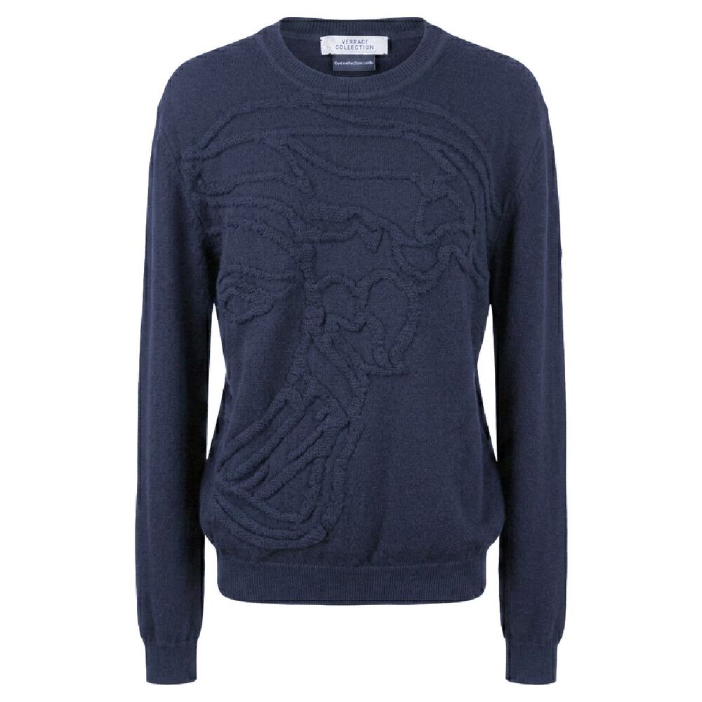 VERSACE COLLECTION Men's Navy 100% Virgin Wool Medusa Head Relief Knit Sweater